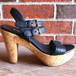 MIU MIU Italy Black Nappa Leather Cork Platform Sandals 7 MSRP $1050